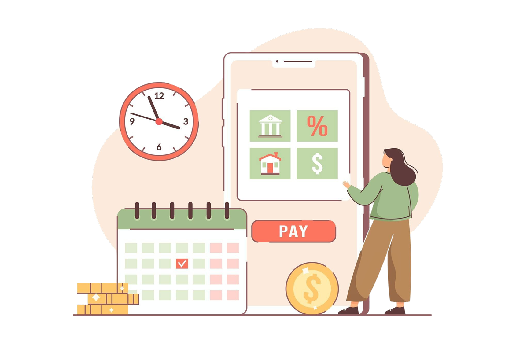 flat-monthly-payments-calendar-woman-with-payment-schedule-pay-money-interest-rate-fees-principal-financial-bills-by-month-period-reminder-salary-day-due-date-debt-loan-house-rent 1