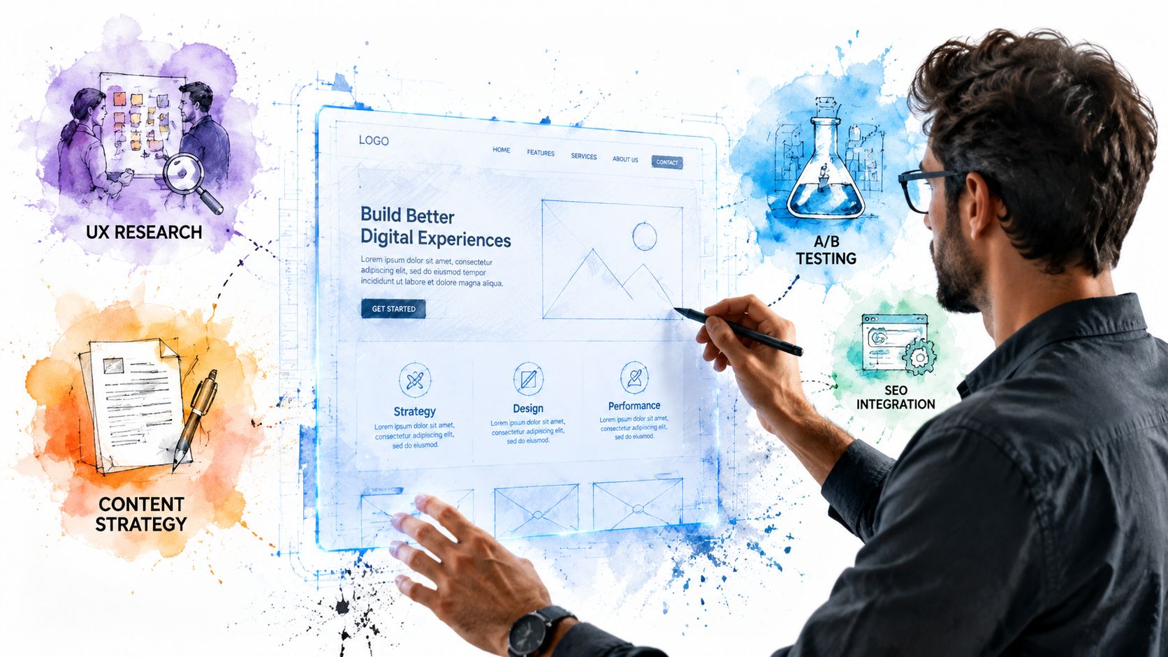 A professional designer interacts with a digital interactive screen featuring web landing page wireframes and icons.
