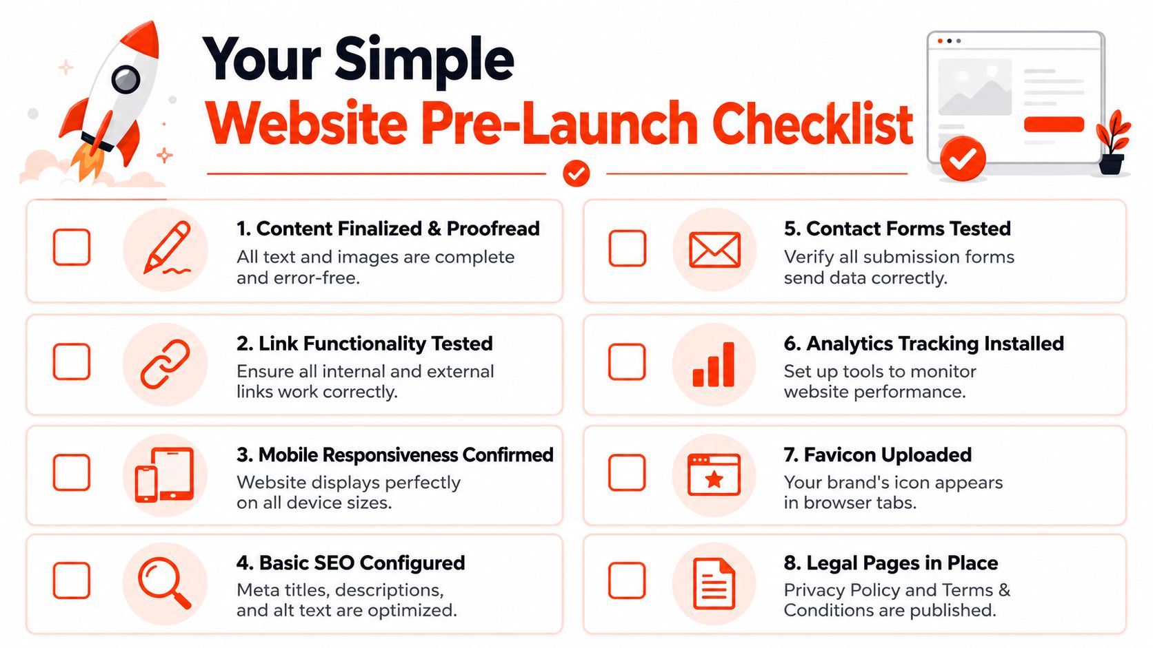A comprehensive pre-launch checklist for small business websites presented as an easy-to-follow infographic with eight essential steps.
