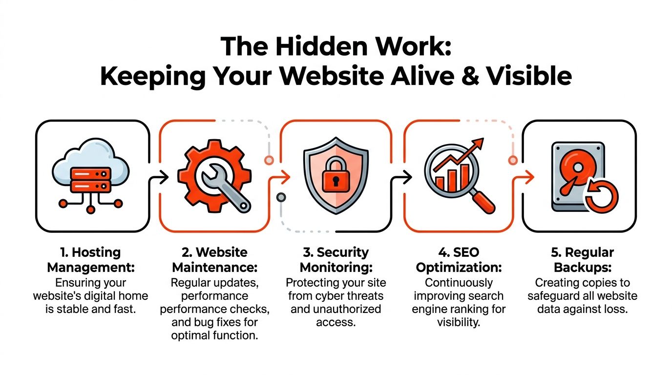 An infographic showing five essential steps for maintaining a small business website, including hosting, maintenance, and security.