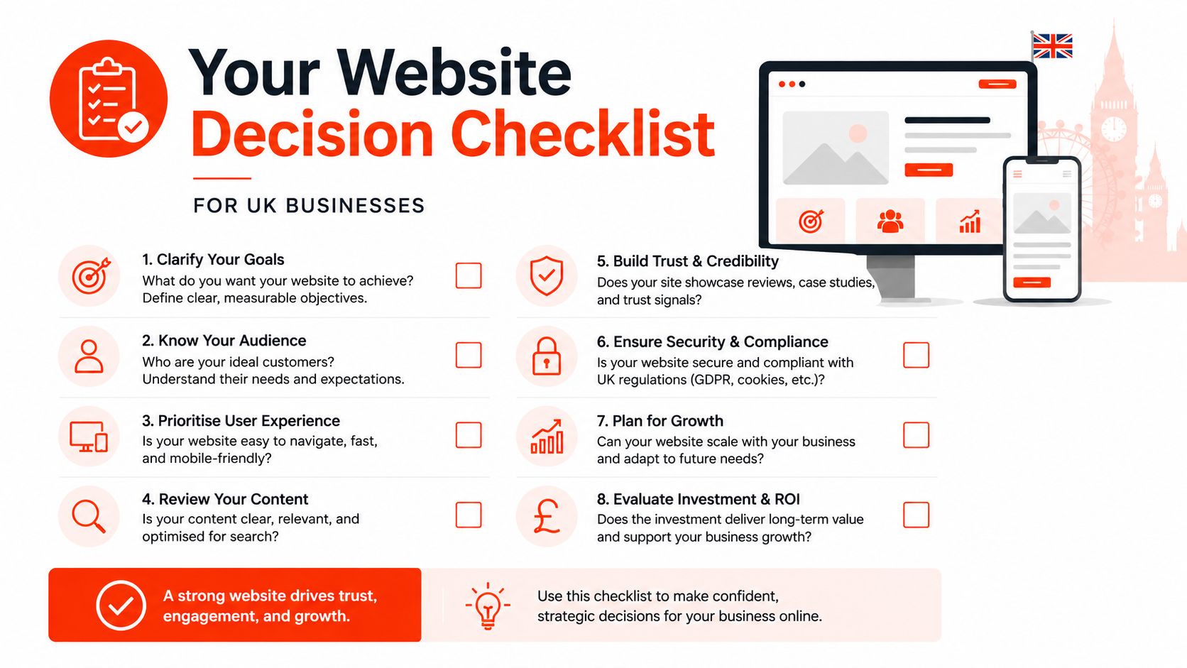A professional checklist for UK businesses outlining key steps to plan and develop a successful website strategy.