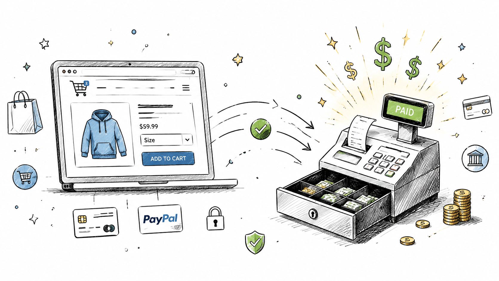 A conceptual illustration of an online shopping website connecting to a cash register for payment processing.