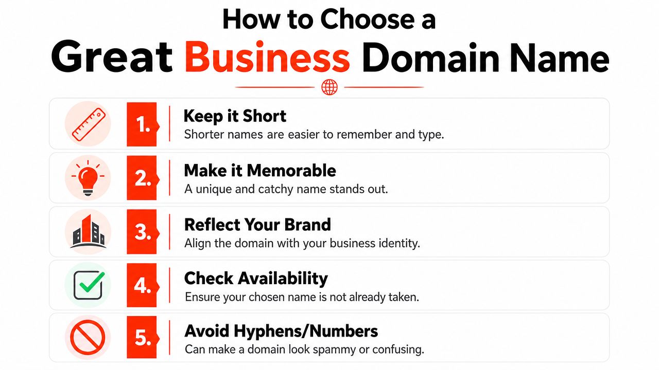 An infographic titled How to Choose a Great Business Domain Name with five key tips listed.