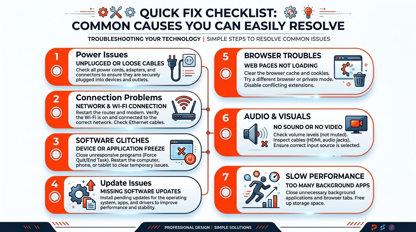 A quick fix checklist infographic providing simple troubleshooting steps to resolve common technical issues with devices.