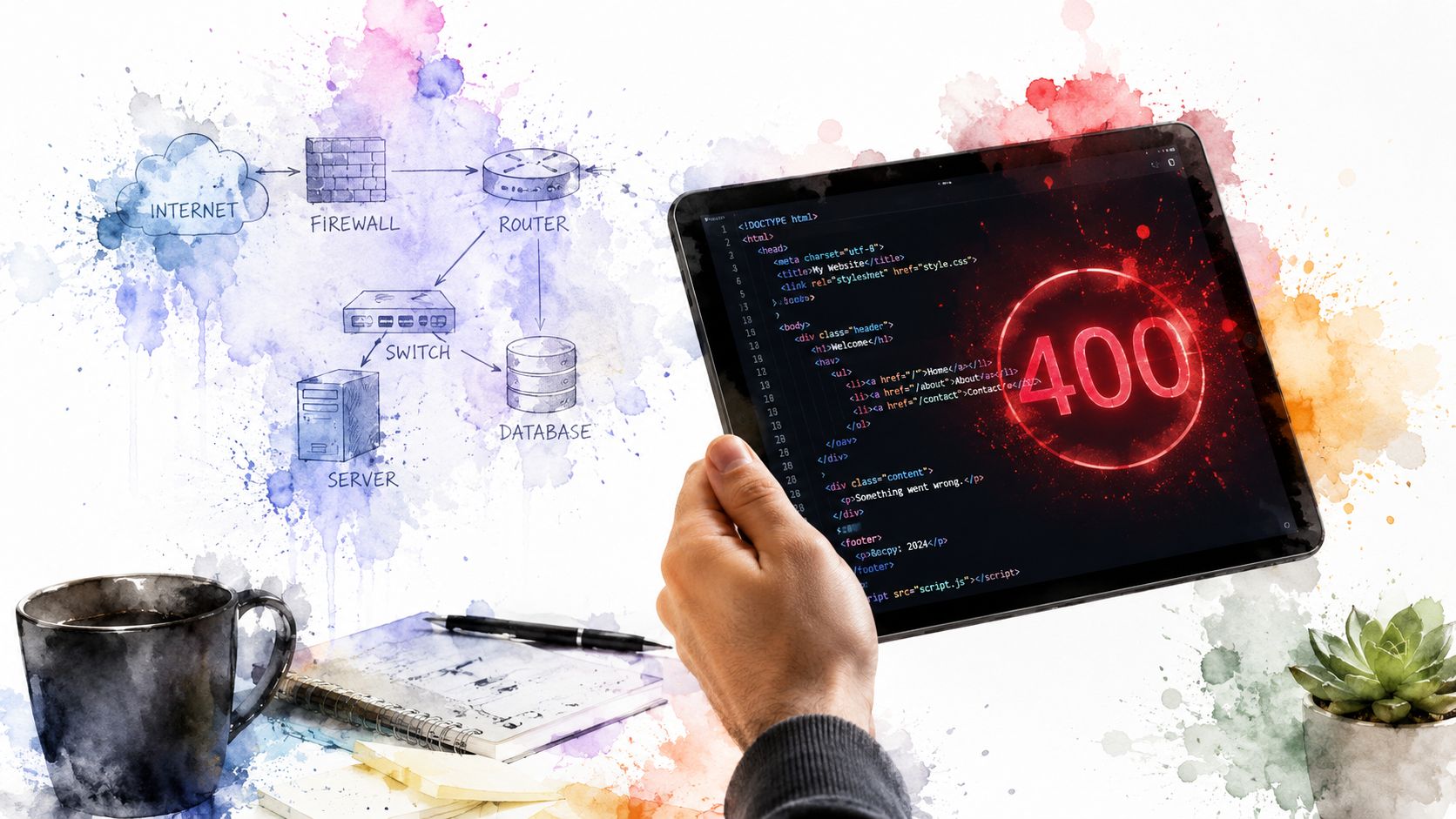 A person holding a tablet displaying a 400 Bad Request error code over network infrastructure diagrams.