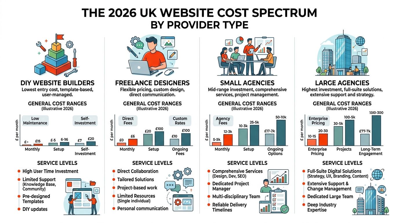 An infographic showing the 2026 UK website cost spectrum by provider type, from DIY to large agencies.