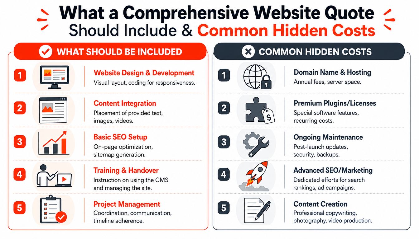 An infographic listing the essential inclusions for a website quote and five common hidden website costs.