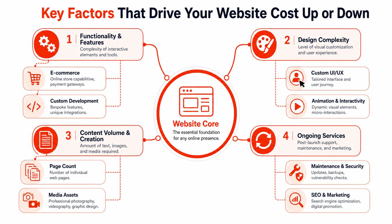 A diagram outlining four key factors influencing website development costs, centered around the core website foundation.
