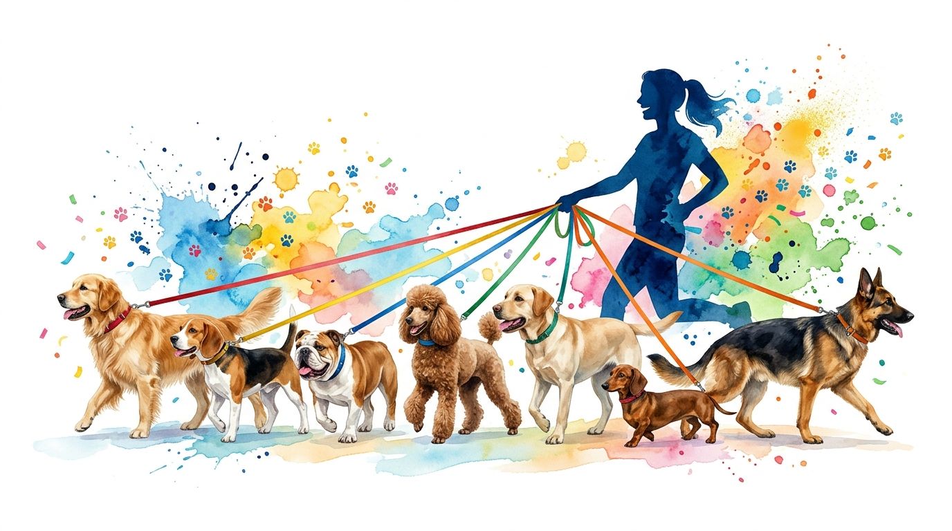 A silhouette of a person walking six different breeds of dogs against a colorful watercolor background.