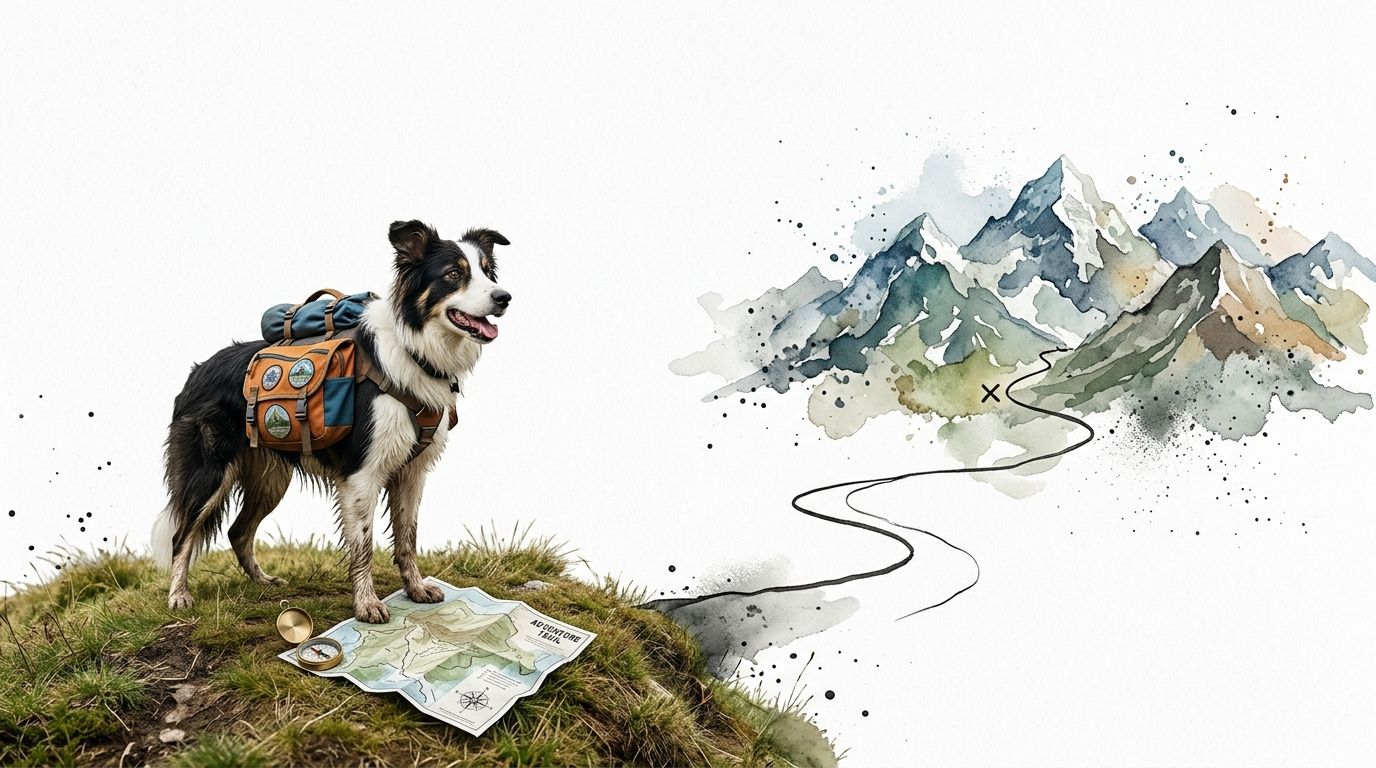 A border collie wearing a hiking backpack stands next to a compass and map on a grassy hill.
