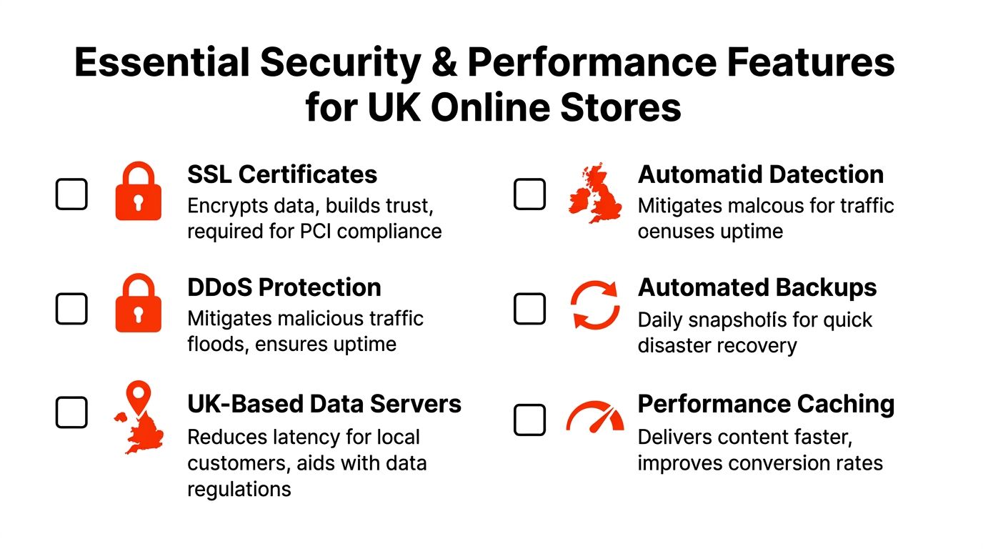 A checklist of essential security and performance features for UK ecommerce websites, including hosting and backup solutions.