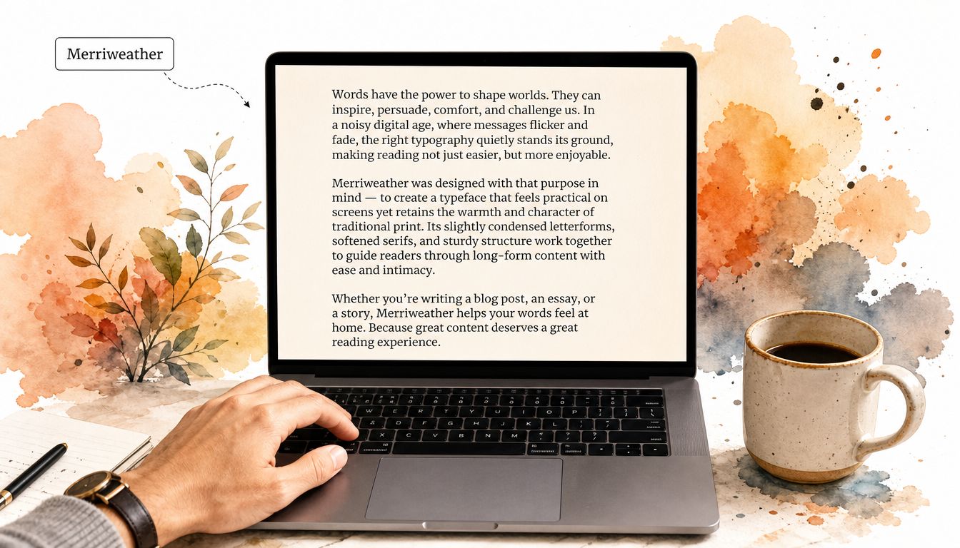 A person working on a laptop with Merriweather typeface displayed on the screen next to coffee.