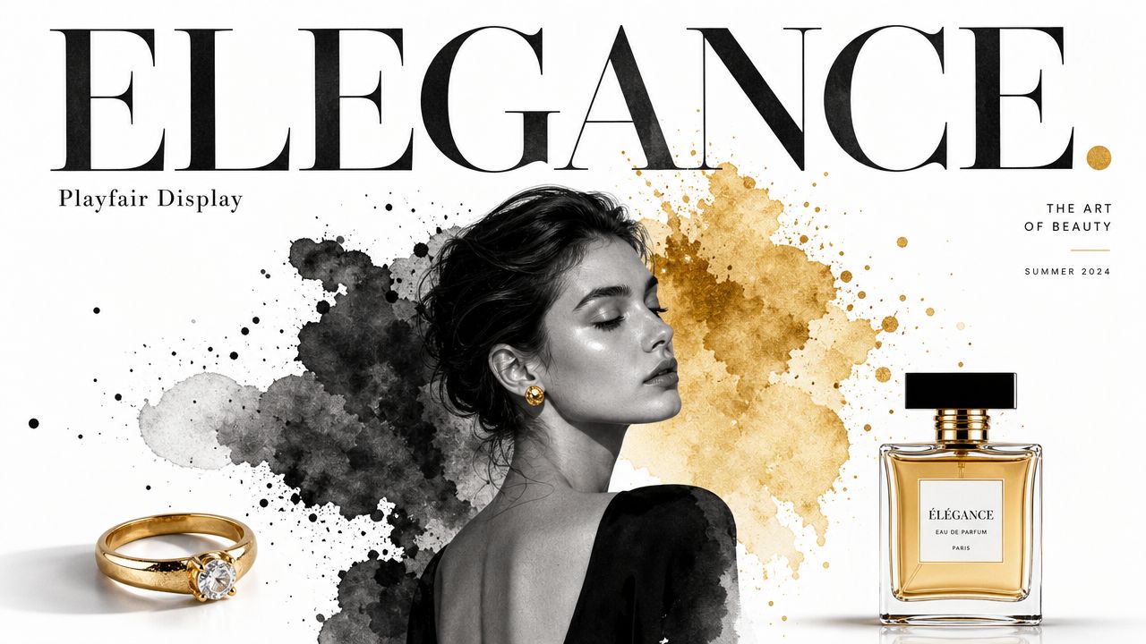 A sophisticated advertisement featuring an elegant woman, a gold ring, and a bottle of luxury perfume.