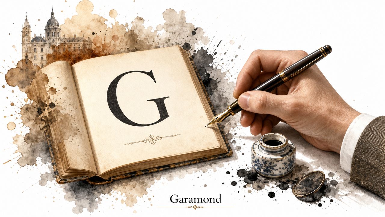 A vintage open book with the letter G, an inkwell, and a hand writing with a fountain pen.