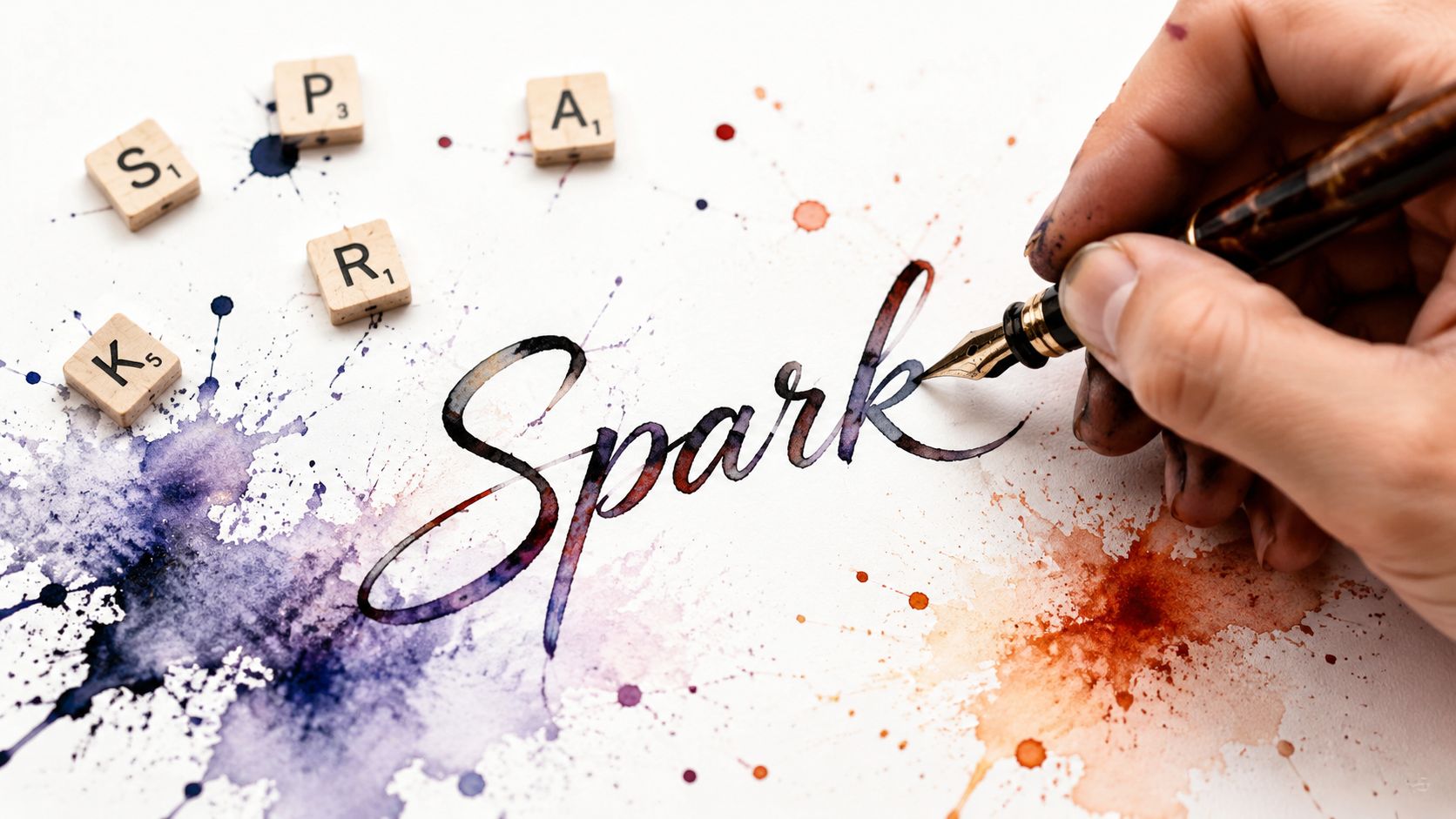 A hand using a fountain pen to write the word Spark on paper with watercolor splashes.