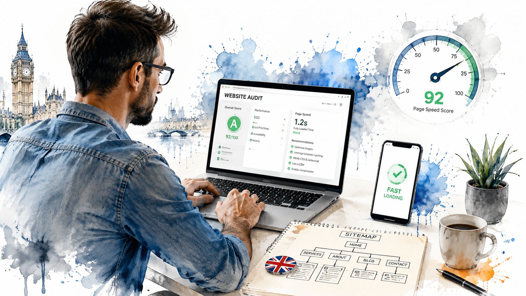 A professional developer analyzing website performance metrics on a laptop with a speed test score.