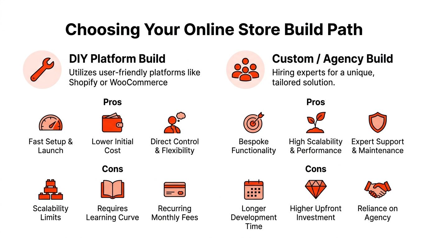 A comparison chart showing the pros and cons of choosing a DIY platform versus a custom agency build.