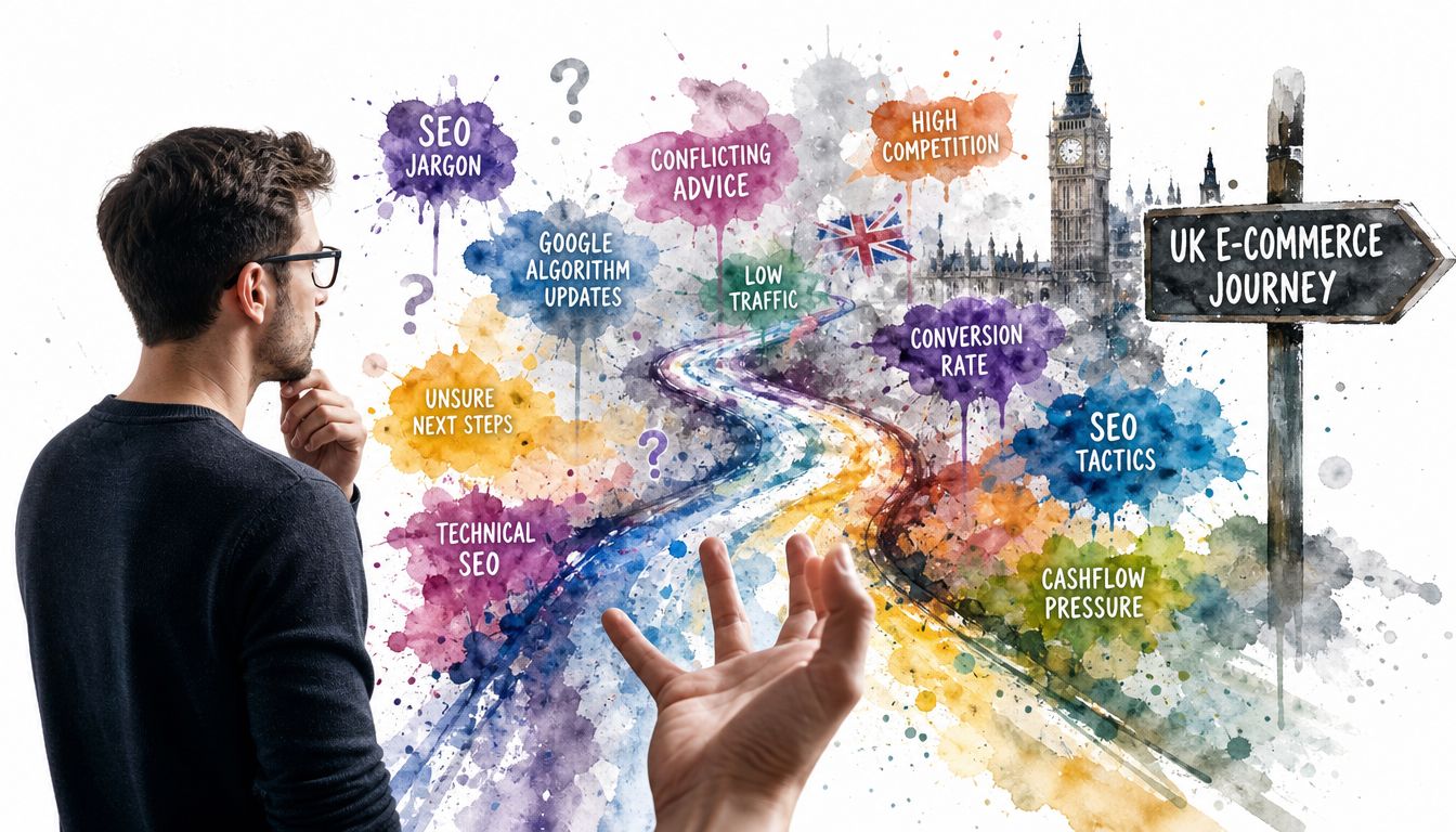 A man looks at a conceptual art illustration about challenges of a UK e-commerce business journey.