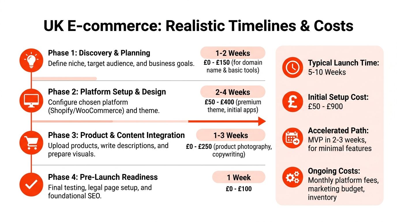 A timeline graphic showing realistic phases, costs, and timeframes for launching a UK e-commerce business.