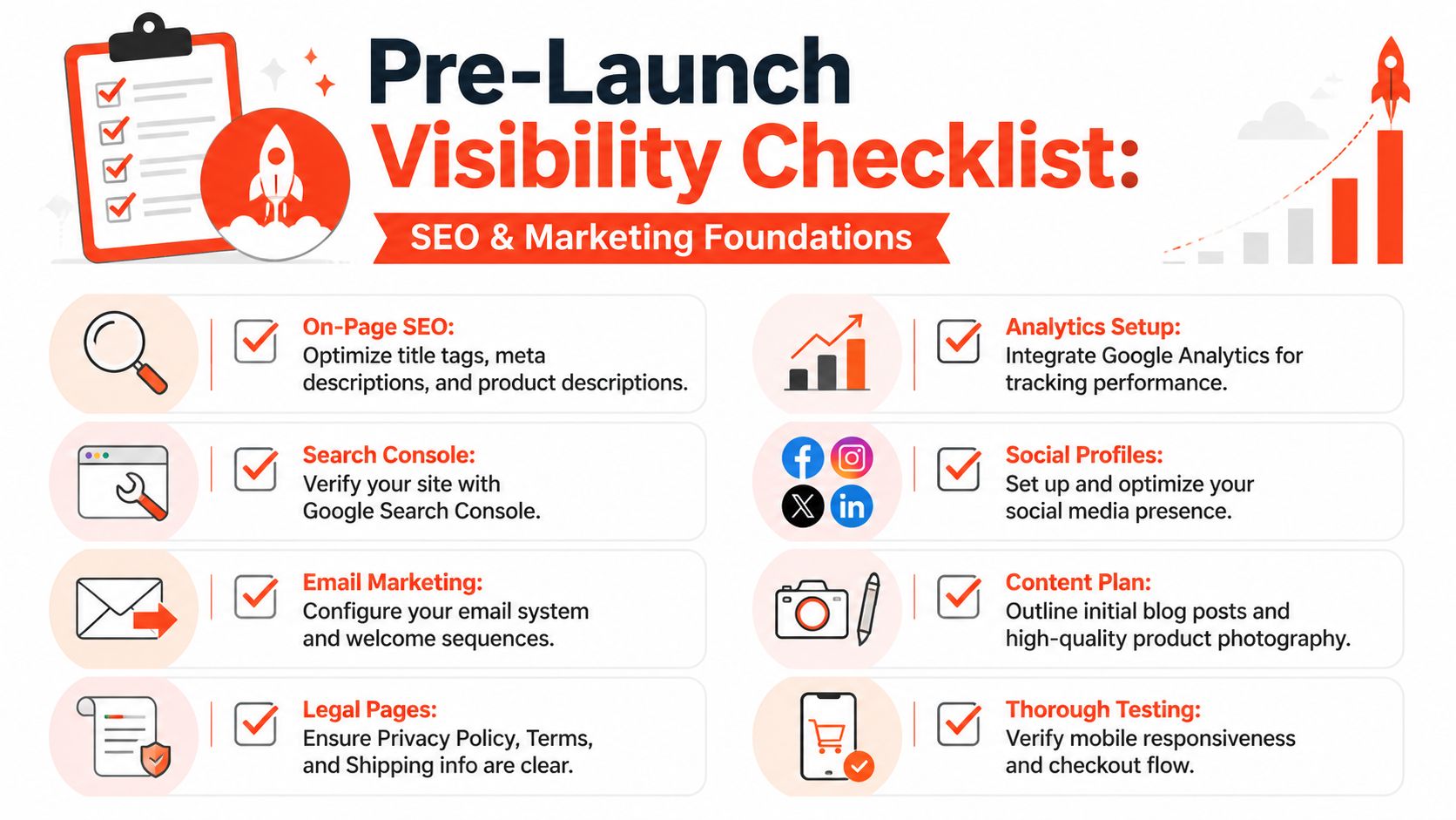 A pre-launch visibility checklist infographic detailing essential SEO and marketing steps for starting an online business.
