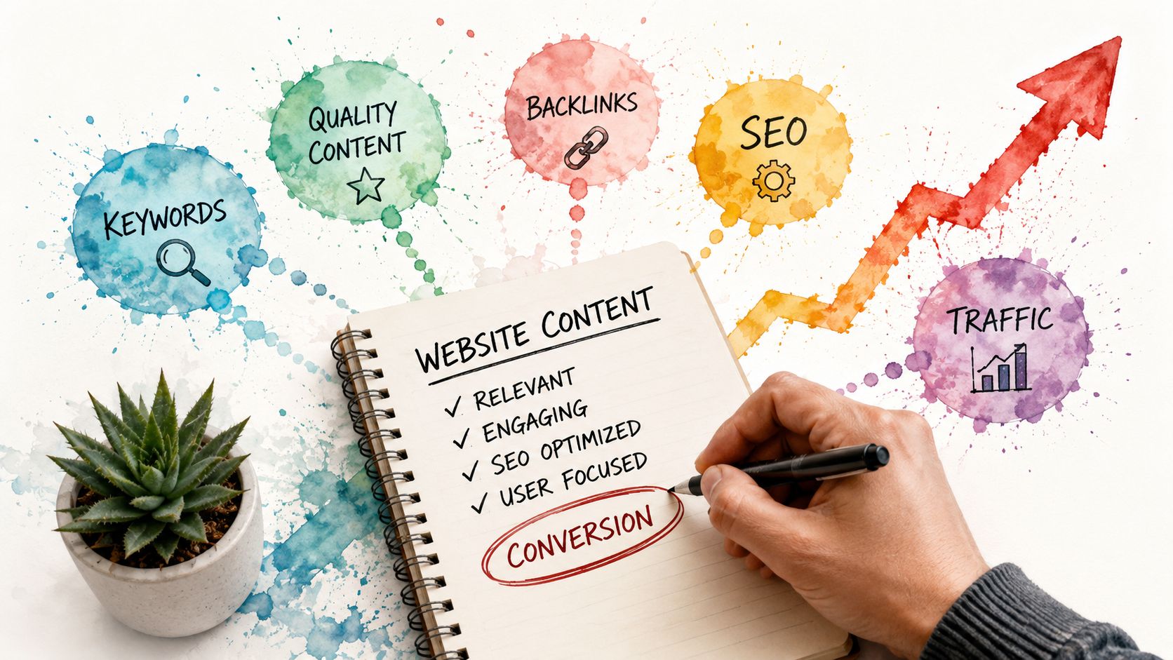 A hand writing website content strategies including relevance and conversion into a notebook with SEO graphics.