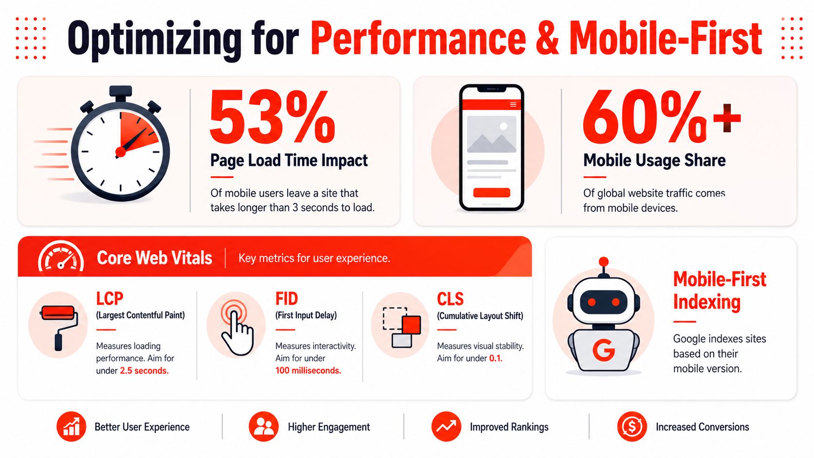 An infographic detailing the importance of website performance and mobile-first indexing for better user experience and SEO.