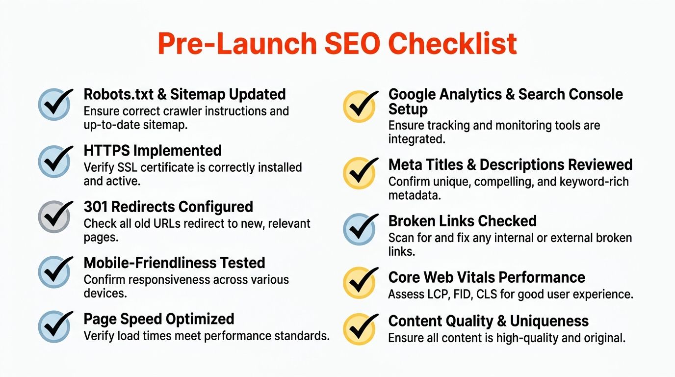 A comprehensive pre-launch SEO checklist infographic listing essential technical website optimization tasks for web developers and marketers.