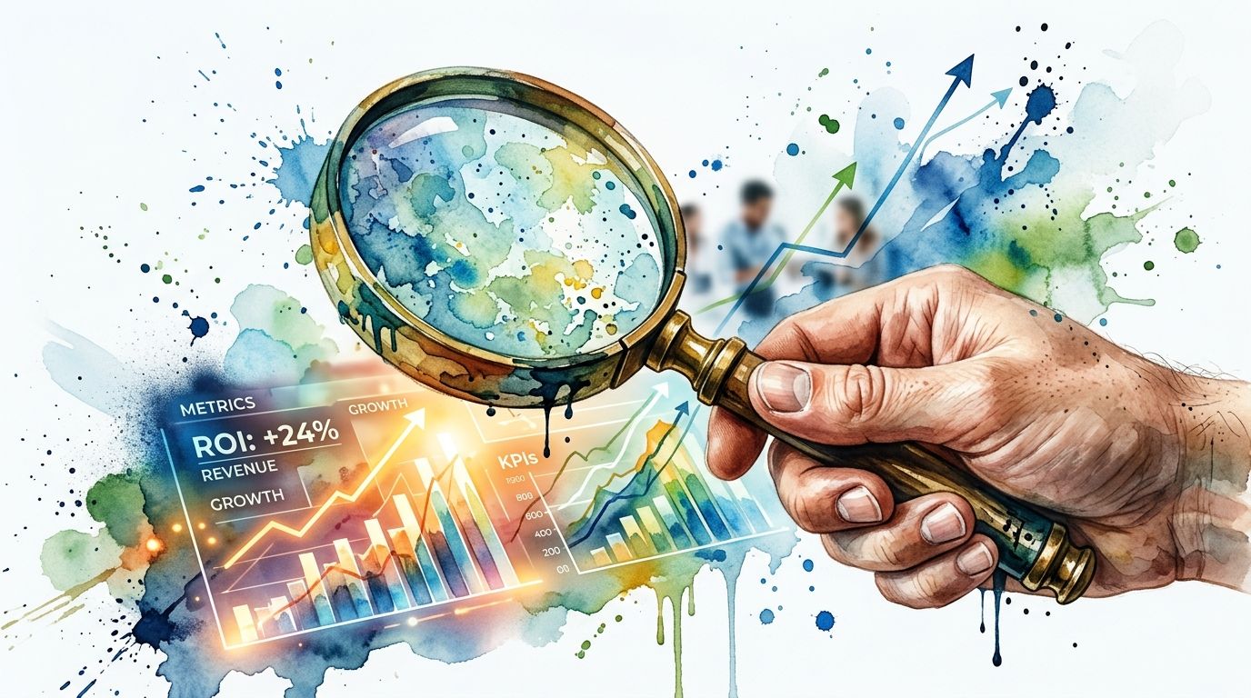 A hand holding a magnifying glass over financial growth charts and digital business metrics in watercolor style.