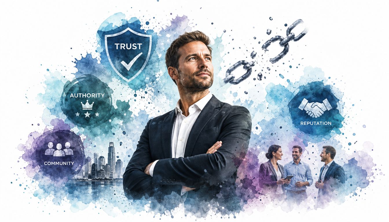 A professional businessman standing confidently, surrounded by conceptual icons representing trust, authority, community, and business reputation.