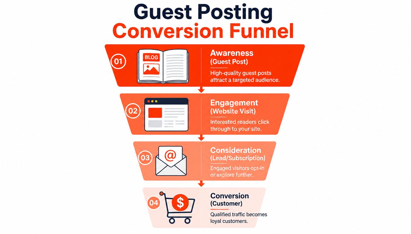 A four-step funnel diagram illustrating how guest posting drives awareness, engagement, consideration, and business conversion.