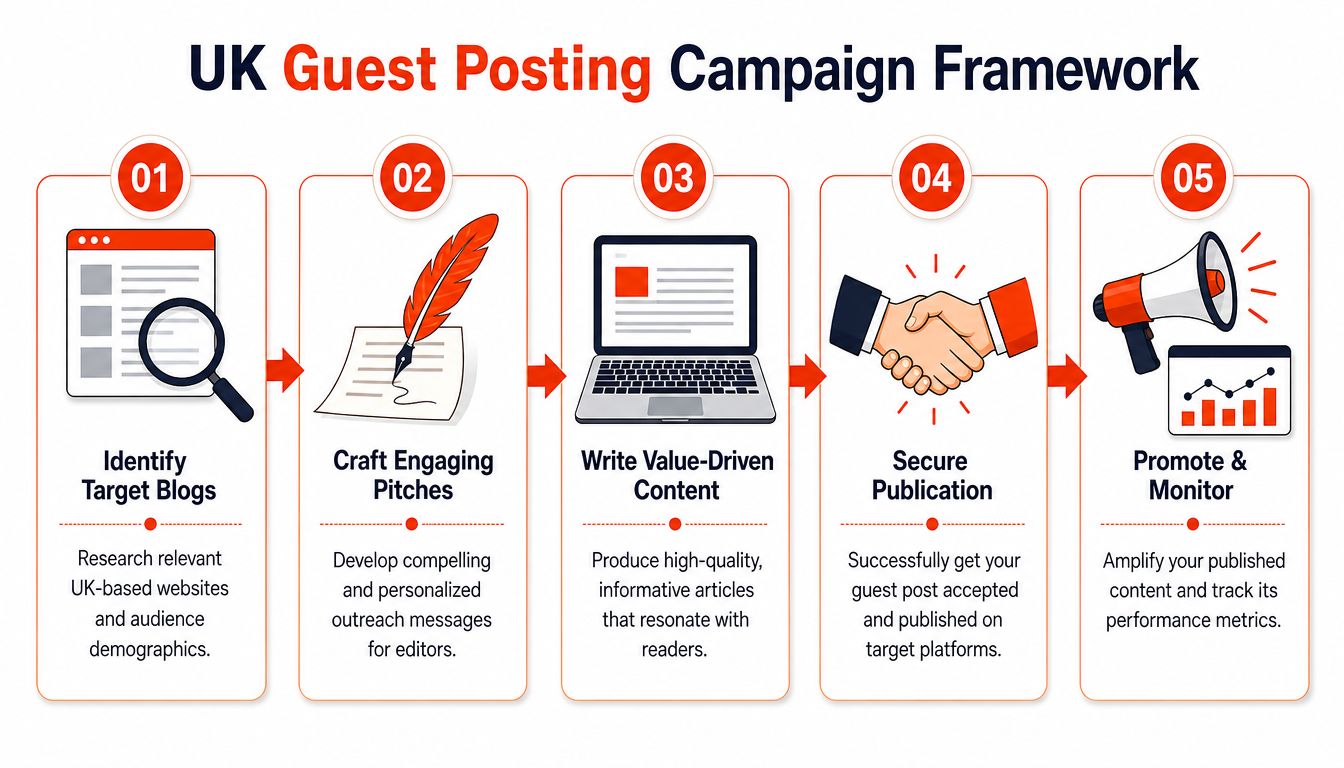 A five-step infographic illustrating a strategic framework for executing a successful UK guest posting campaign.