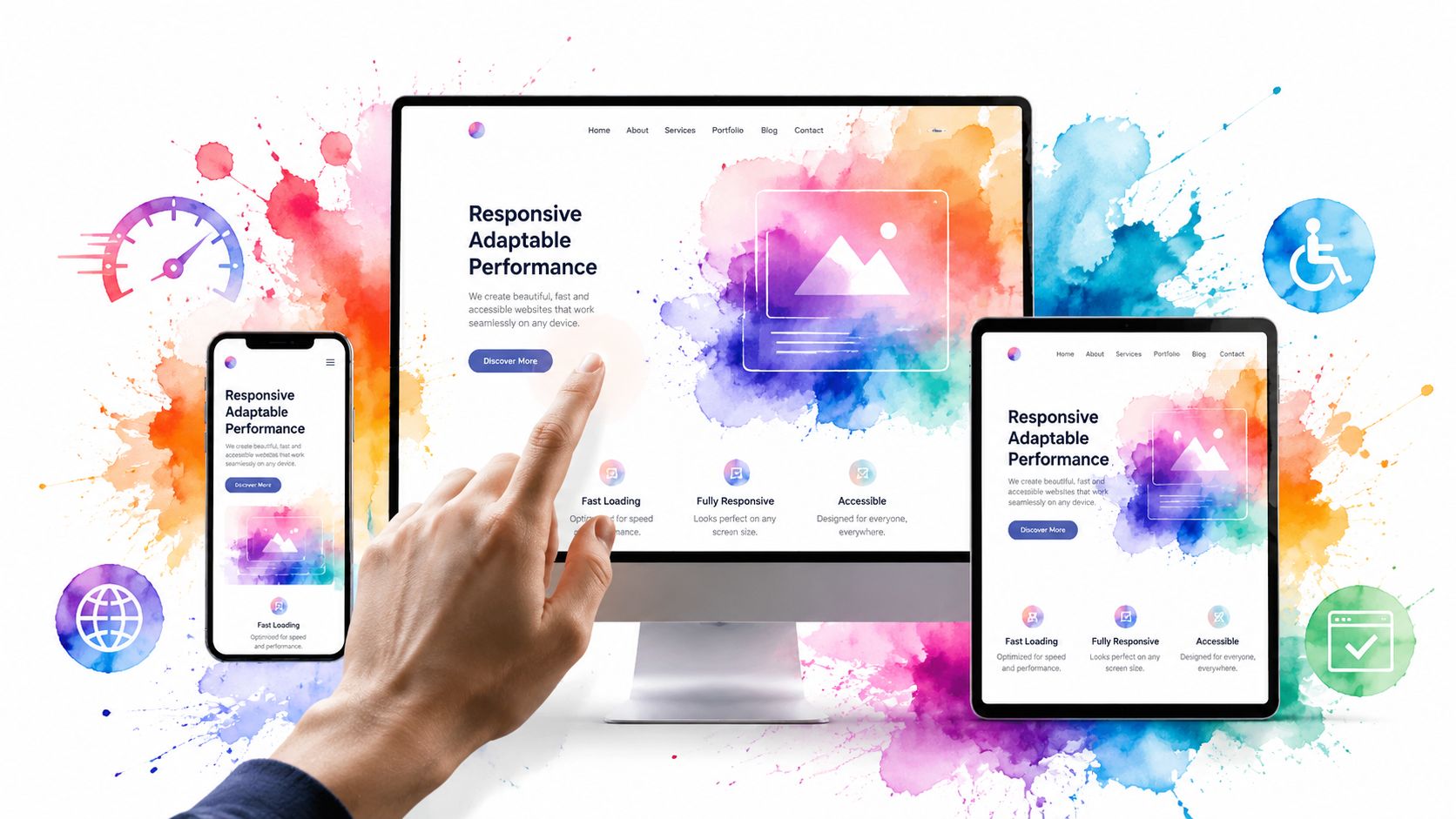 A hand touches a computer screen displaying a responsive web design layout with colorful watercolor splash background graphics.