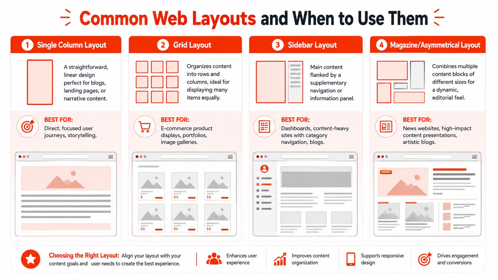 An infographic showing four common website layouts including single column, grid, sidebar, and magazine styles.