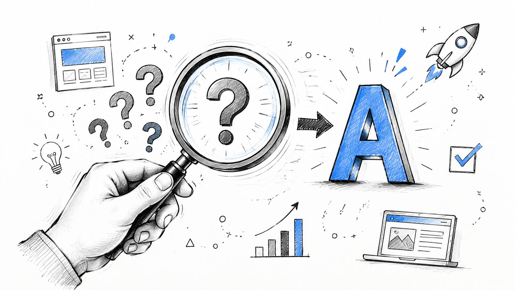 A hand holds a magnifying glass over a question mark, pointing toward the letter A illustration.