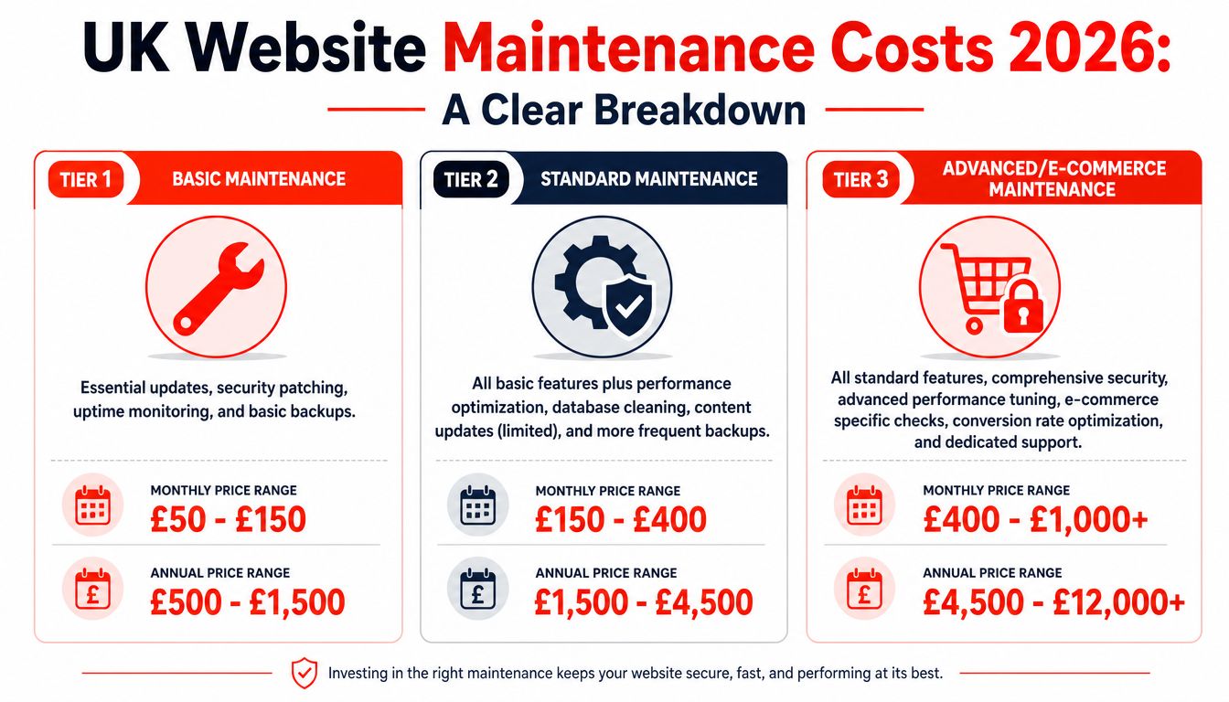 A chart detailing 2026 UK website maintenance cost tiers, including basic, standard, and advanced e-commerce options.