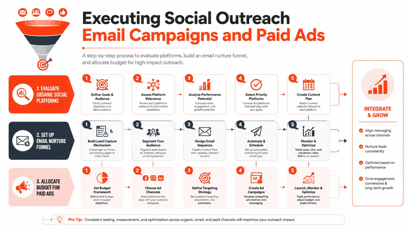 An infographic detailing a three-step strategic process for executing social outreach email campaigns and paid advertising.