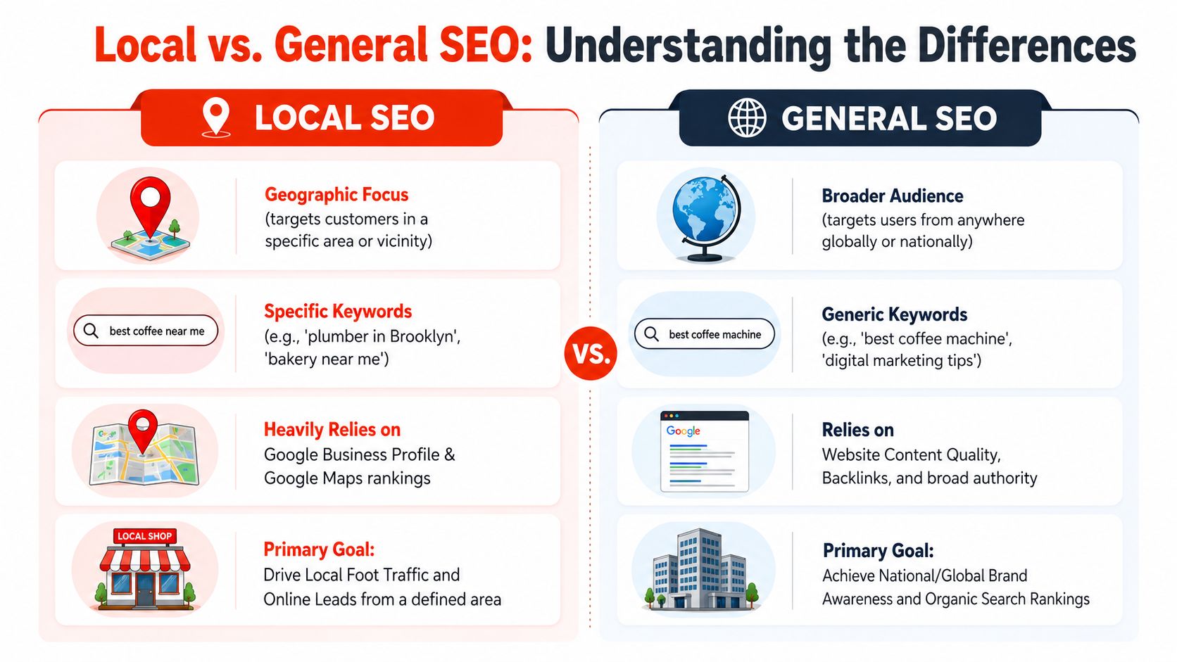 A comparison infographic between Local SEO and General SEO strategies, highlighting geographic focus and audience targeting differences.