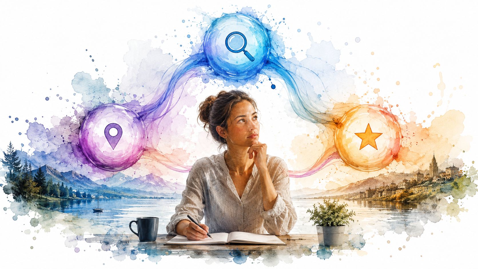 A creative woman planning at a desk with conceptual icons representing location, search, and customer reviews.