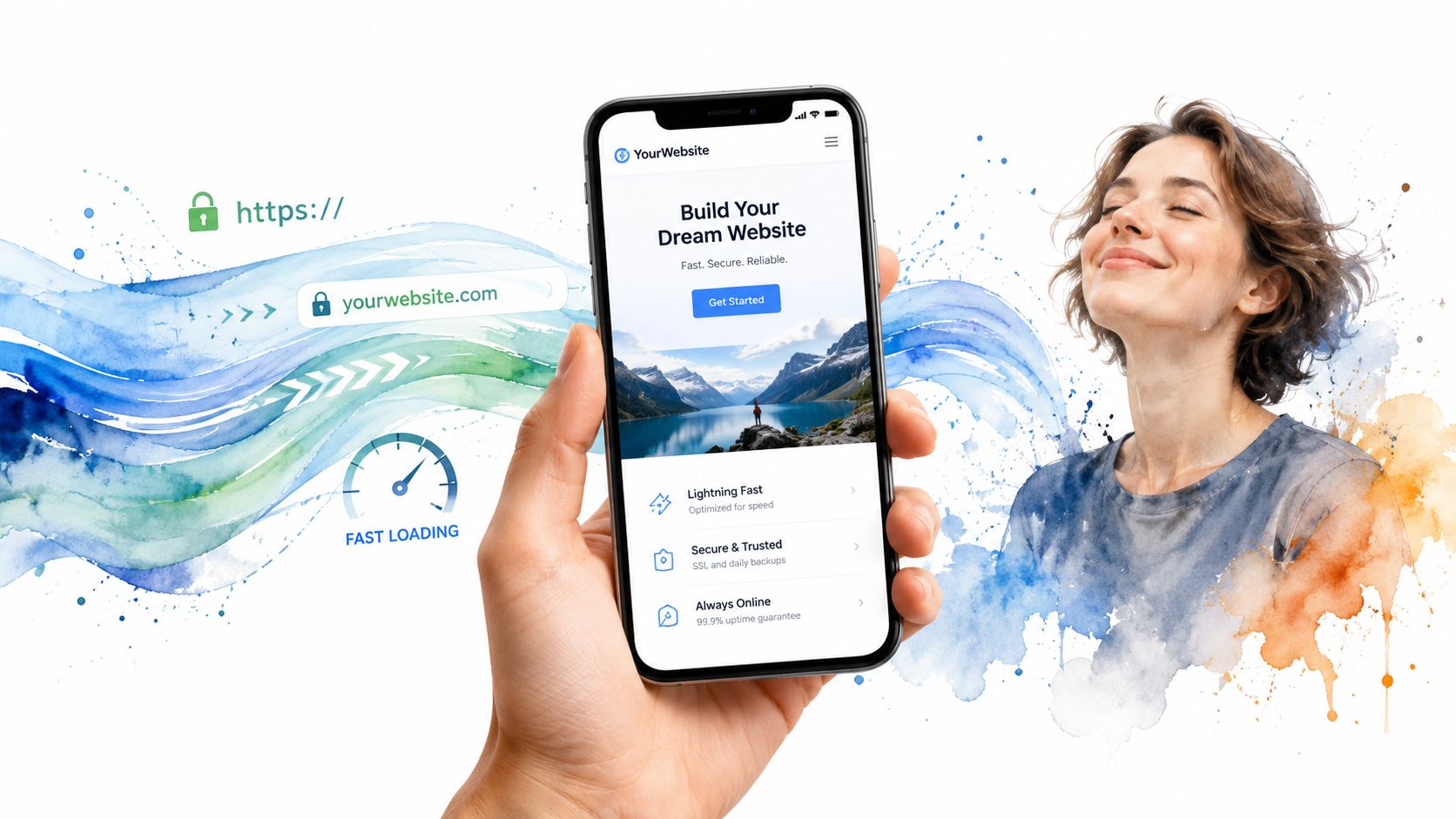 A hand holding a smartphone displaying a website builder landing page with an abstract watercolor background.