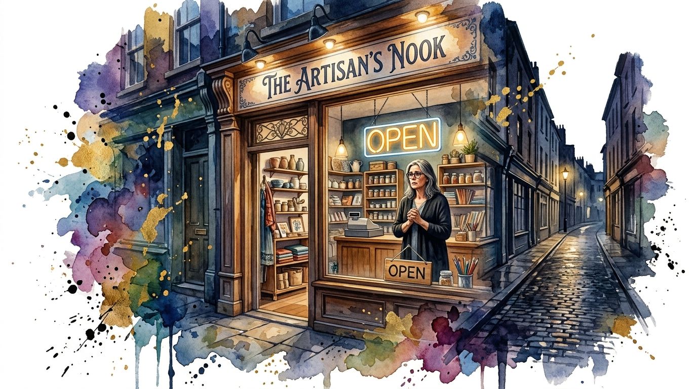 A watercolor-style painting of a charming artisan shop called The Artisan's Nook on a cobblestone street.