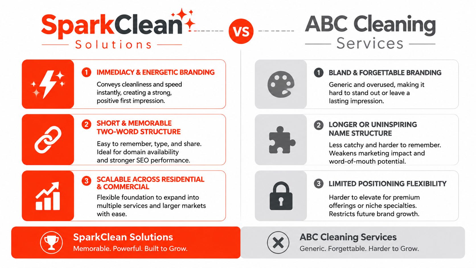 A comparison chart showing why SparkClean Solutions is a better brand name than ABC Cleaning Services.