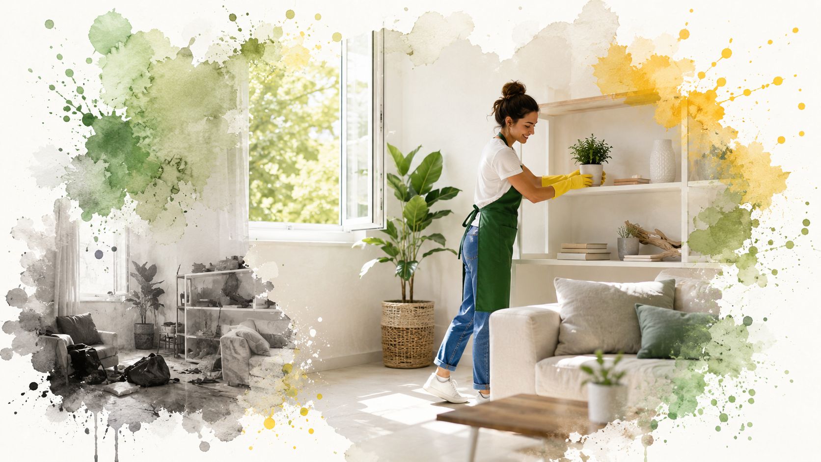 A professional cleaner in an apron organizing a clean living room, with a watercolor artistic transition effect.