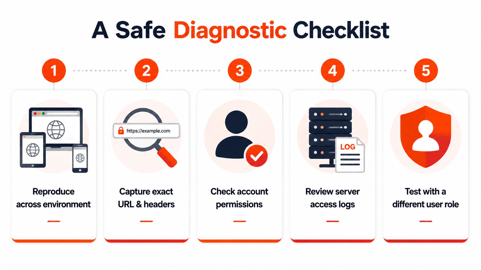 A five-step checklist for safely diagnosing website errors, showing common technical troubleshooting tasks for security and access issues.
