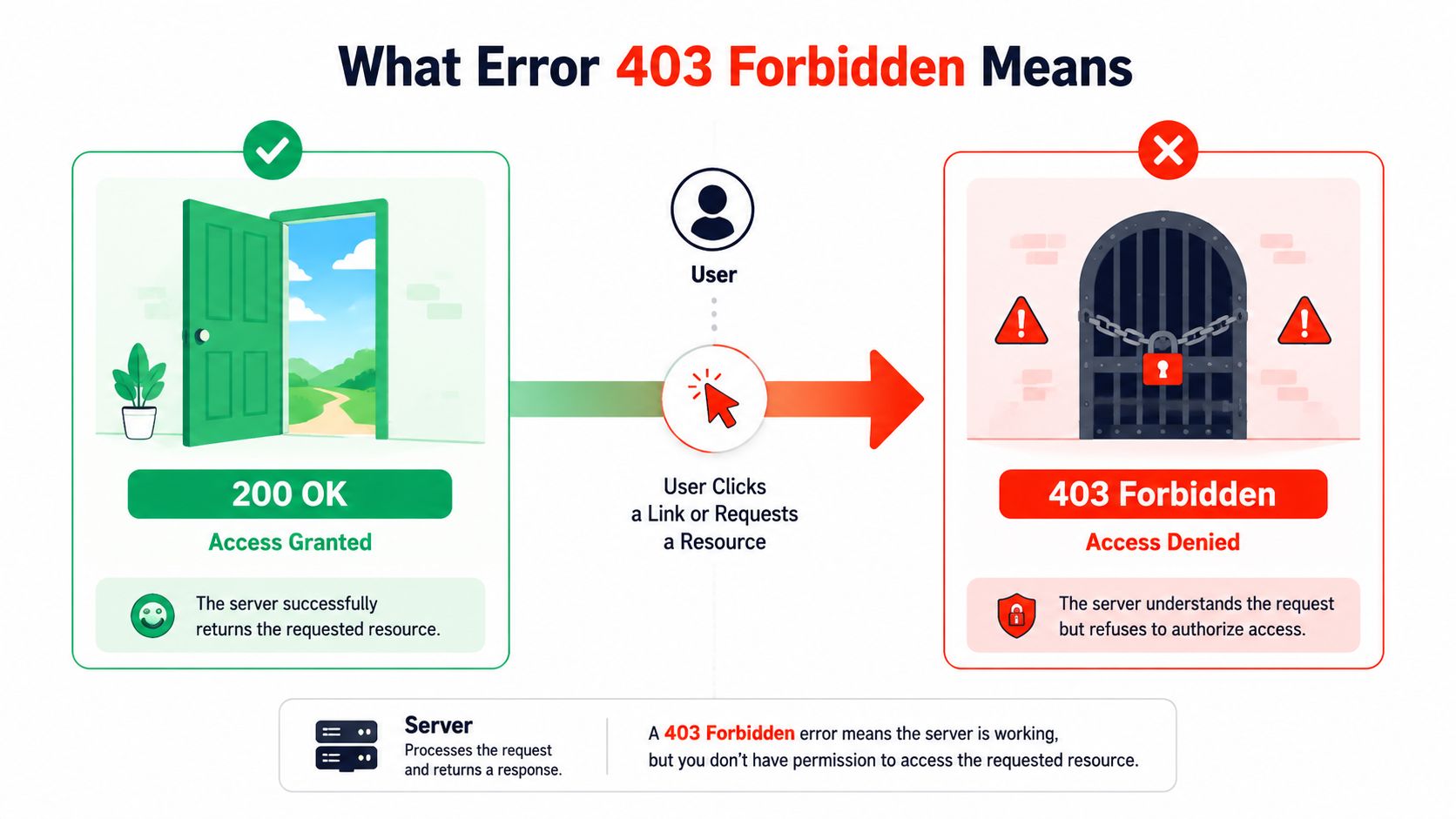 An infographic explaining the meaning of HTTP Error 403 Forbidden versus a successful 200 OK server response.