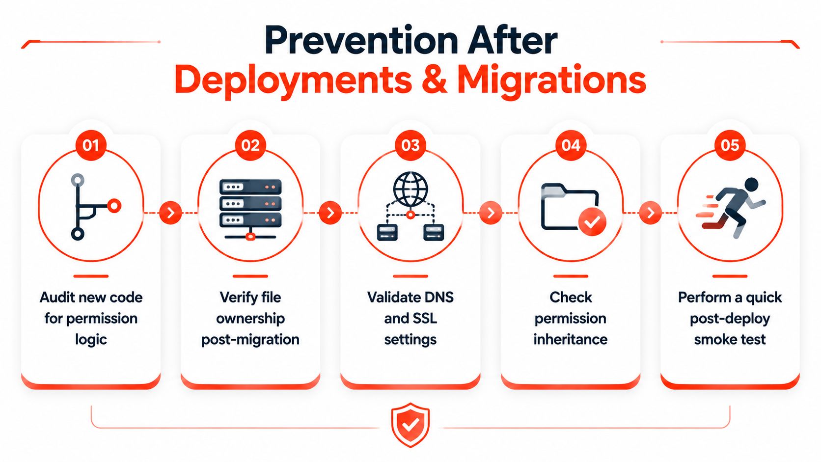 A five-step infographic showing preventative security measures for software deployments and migrations including audits and tests.