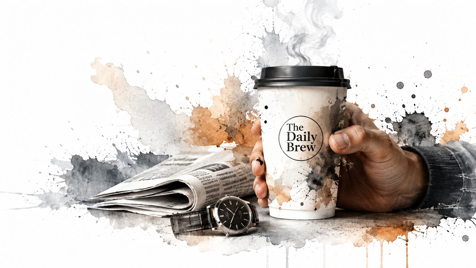 A hand holds a cup of The Daily Brew coffee next to a newspaper and wristwatch.