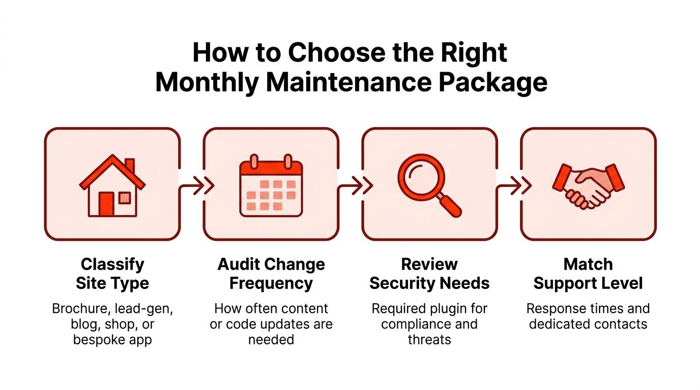 A flowchart showing four steps to choose the right monthly website maintenance packages for your business.