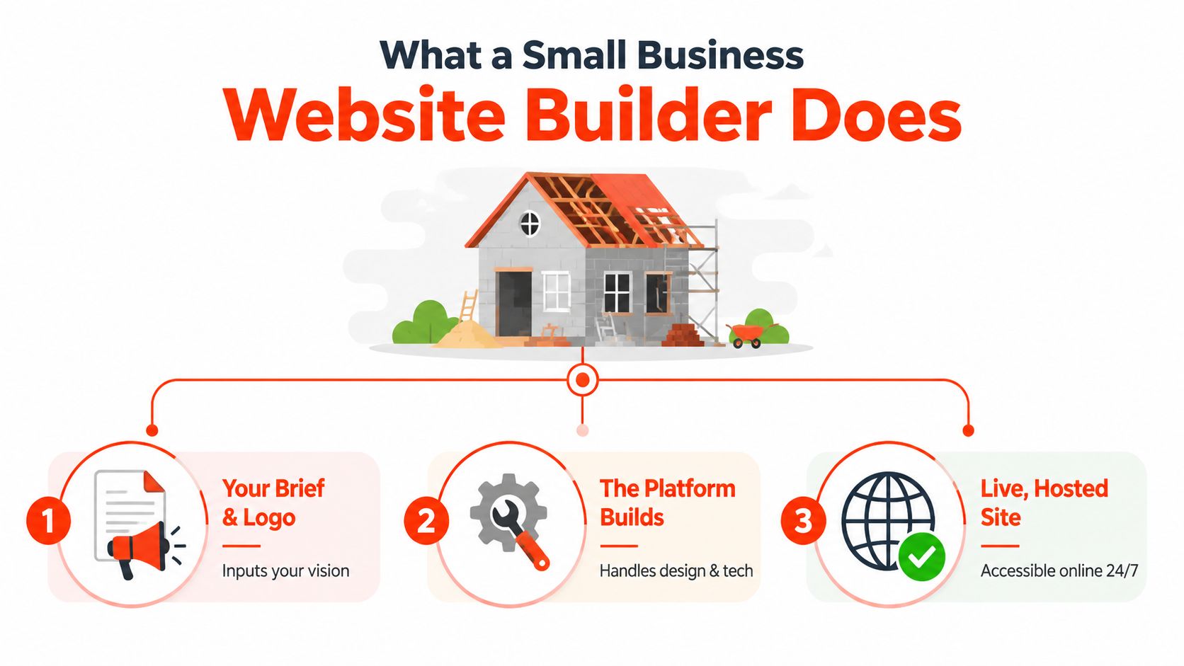 An infographic illustrating the three-step process of how a small business website builder creates a hosted site.