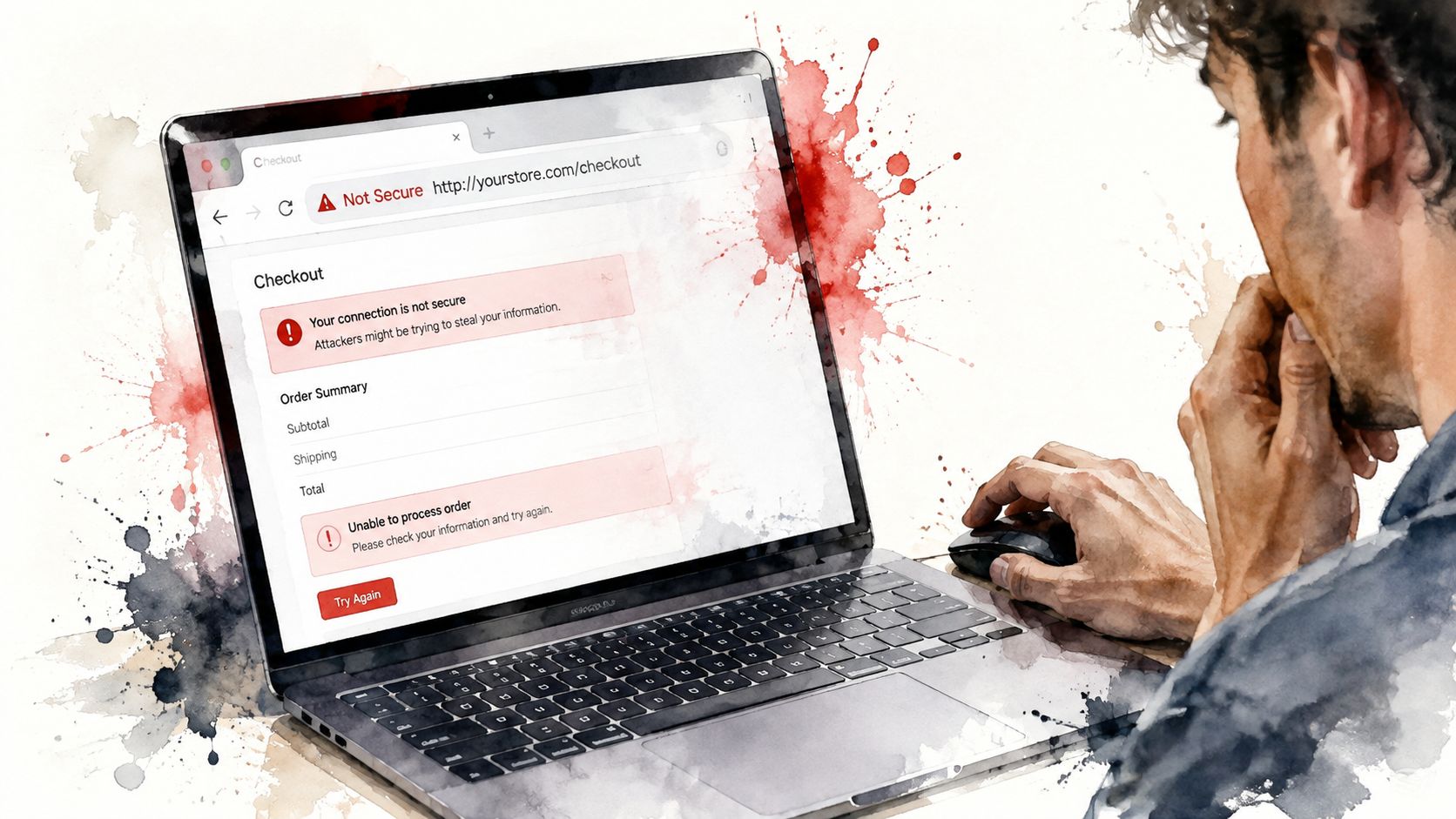 A man looking concerned at his laptop displaying a browser security warning on a checkout page.