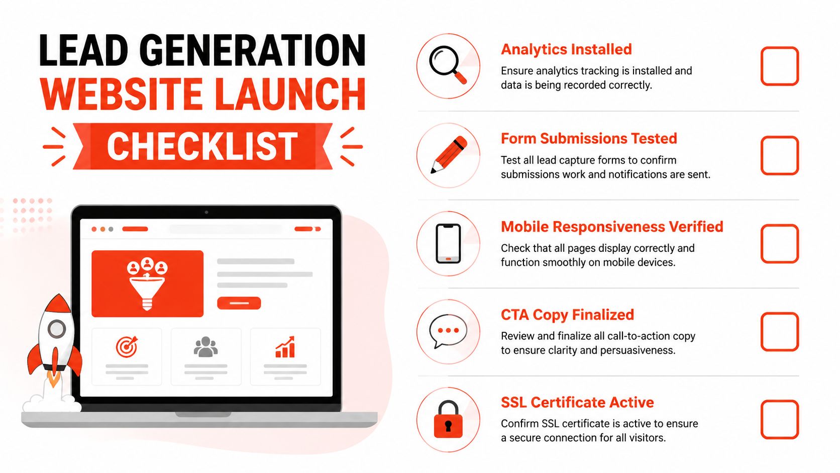 A lead generation website launch checklist illustration featuring steps for analytics, forms, mobile responsiveness, and security.